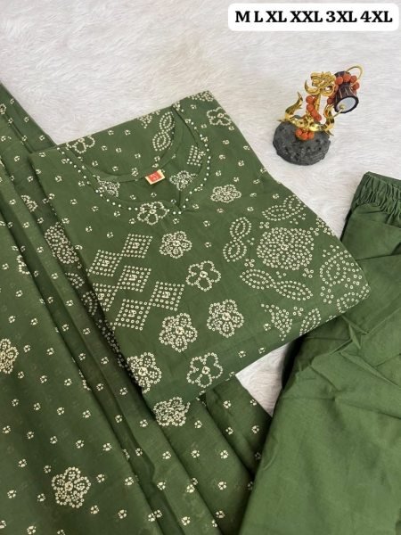 Stylish Green Pure Cotton Bandhani Kurti Pant Dupatta Set with Traditional Print Cotton Kurtis Wholesale