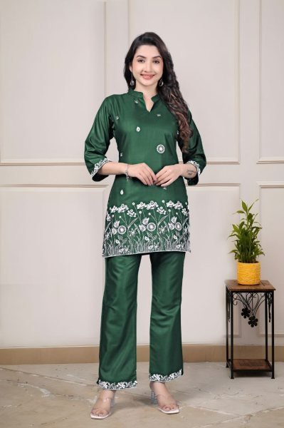 Stylish Green Rayon Two Piece Co Ord Set with Embroidery Work for Women Ready to Wear CO ORD Sets