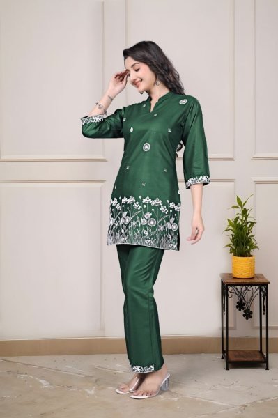 Stylish Green Rayon Two Piece Co Ord Set with Embroidery Work for Women Ready to Wear CO ORD Sets