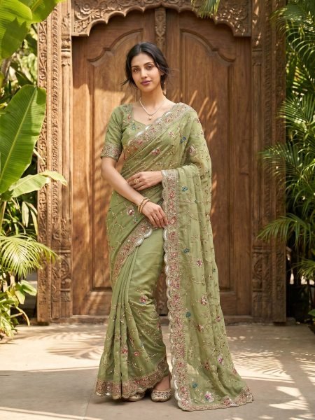 Stylish Green Star Georgette Saree with All Over Butta Embroidery and Blouse Sarees 