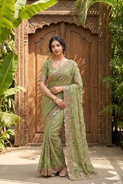 Stylish Green Star Georgette Saree with All Over Butta Embroidery and Blouse Designer Wedding Sarees Wholesale