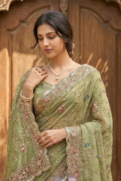 Stylish Green Star Georgette Saree with All Over Butta Embroidery and Blouse Designer Wedding Sarees Wholesale