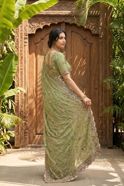 Stylish Green Star Georgette Saree with All Over Butta Embroidery and Blouse Designer Wedding Sarees Wholesale