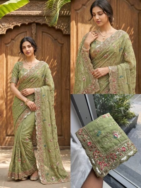 Stylish Green Star Georgette Saree with All Over Butta Embroidery and Blouse Designer Wedding Sarees Wholesale