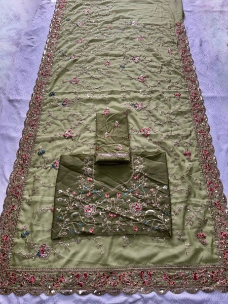 Stylish Green Star Georgette Saree with All Over Butta Embroidery and Blouse Designer Wedding Sarees Wholesale
