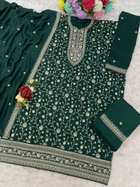 Stylish Green Vichitra Salwar Suit with Sequin Embroidery for Party and Wedding Functions Designer Plazzo Salwar Suits Wholesale