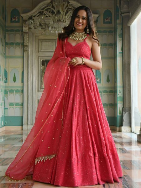 Stylish Hot Pink Georgette Bridal Lehenga with Thread Sequins Embroidery For Function 