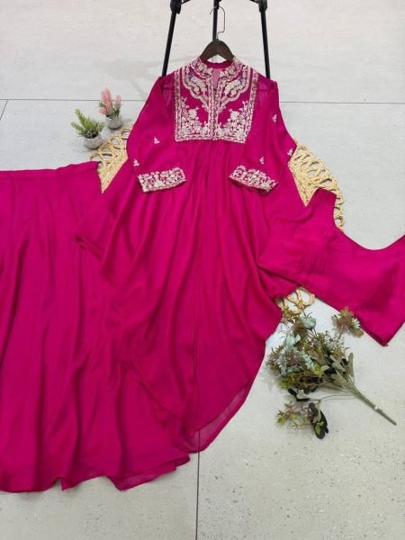 Stylish Hot Pink Rangoli Indo Western Blouse Skirt Shrug Set for Women 