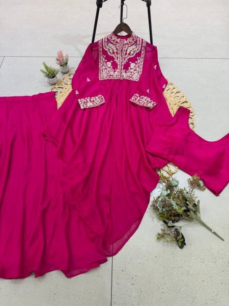 Stylish Hot Pink Rangoli Indo Western Blouse Skirt Shrug Set for Women Ready To Wear Collection