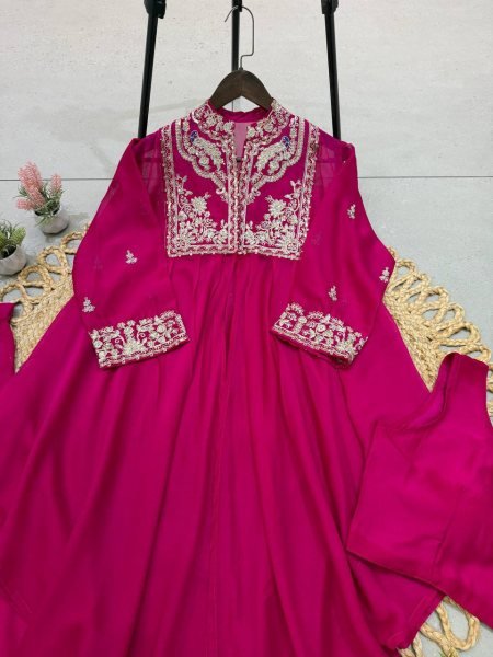 Stylish Hot Pink Rangoli Indo Western Blouse Skirt Shrug Set for Women Ready To Wear Collection