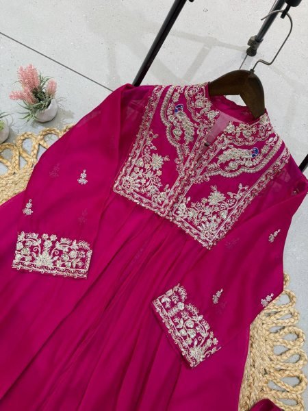 Stylish Hot Pink Rangoli Indo Western Blouse Skirt Shrug Set for Women Ready To Wear Collection