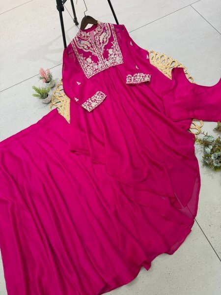 Stylish Hot Pink Rangoli Indo Western Blouse Skirt Shrug Set for Women Ready To Wear Collection