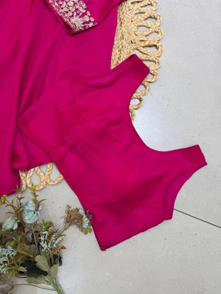 Stylish Hot Pink Rangoli Indo Western Blouse Skirt Shrug Set for Women Ready To Wear Collection