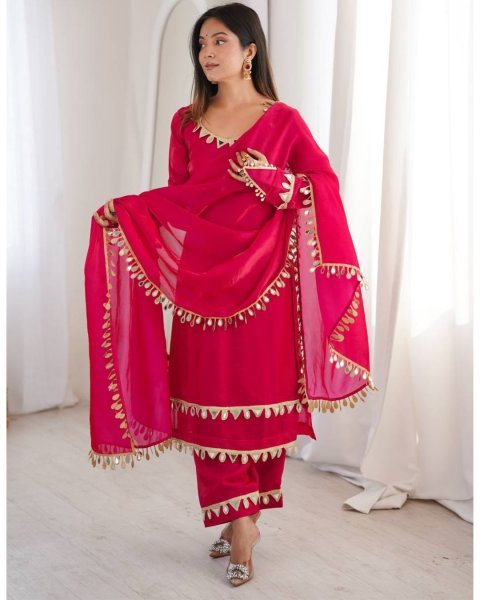 Stylish Hot Pink Ready To Wear Fendy Silk Kurta Set with Mirror Lace Work and Palazzo 