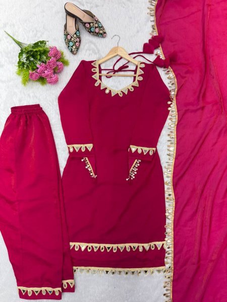 Stylish Hot Pink Ready To Wear Fendy Silk Kurta Set with Mirror Lace Work and Palazzo Ready To Wear Collection