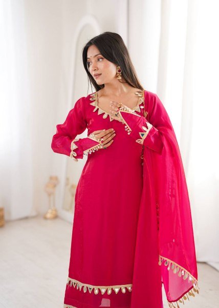 Stylish Hot Pink Ready To Wear Fendy Silk Kurta Set with Mirror Lace Work and Palazzo Ready To Wear Collection