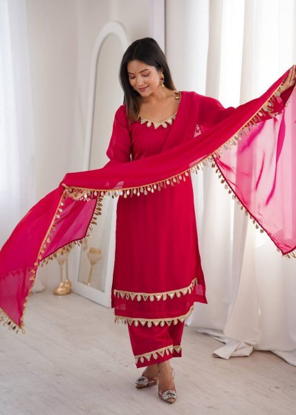 Stylish Hot Pink Ready To Wear Fendy Silk Kurta Set with Mirror Lace Work and Palazzo Ready To Wear Collection