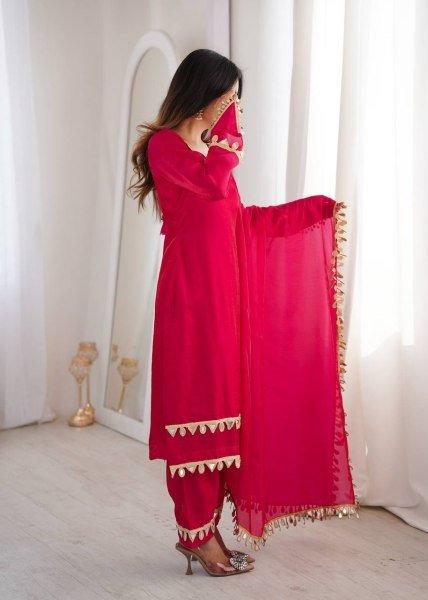Stylish Hot Pink Ready To Wear Fendy Silk Kurta Set with Mirror Lace Work and Palazzo Ready To Wear Collection