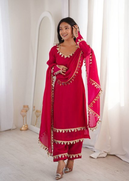 Stylish Hot Pink Ready To Wear Fendy Silk Kurta Set with Mirror Lace Work and Palazzo Ready To Wear Collection