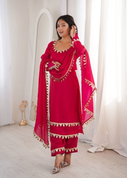 Stylish Hot Pink Ready To Wear Fendy Silk Kurta Set with Mirror Lace Work and Palazzo Ready To Wear Collection