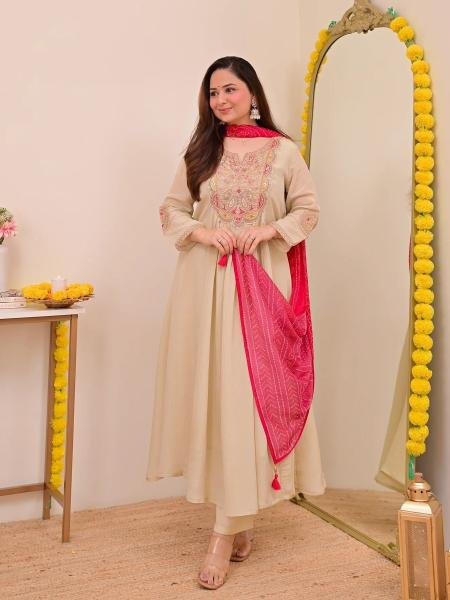 Stylish Ivory Chinnon Embroidery Suit With Solid Dupatta For Woman At Wholesale Rates 