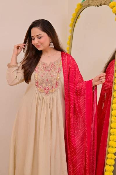 Stylish Ivory Chinnon Embroidery Suit With Solid Dupatta For Woman At Wholesale Rates Embroidery Kurtis 