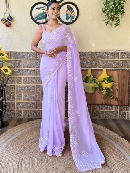 Stylish Lavender Women's Soft Georgette Party Wear Saree with Diamond Silk Blouse Georgette Sarees Wholesale