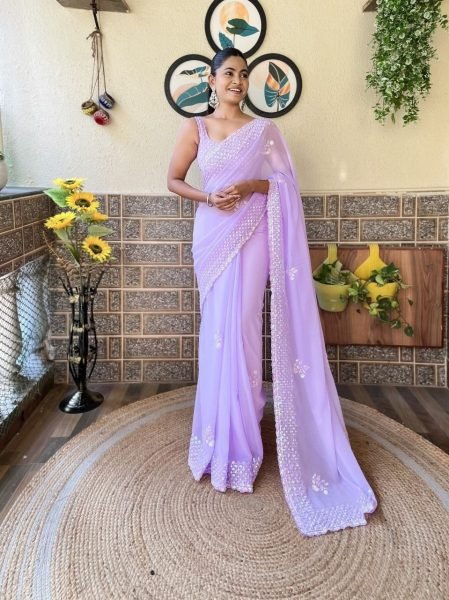 Stylish Lavender Women's Soft Georgette Party Wear Saree with Diamond Silk Blouse Georgette Sarees Wholesale