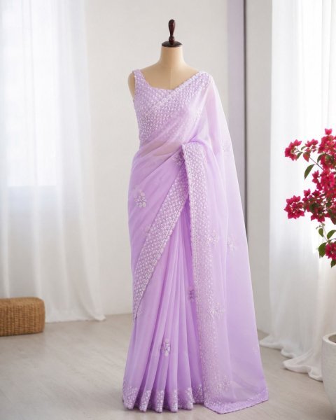 Stylish Lavender Women's Soft Georgette Party Wear Saree with Diamond Silk Blouse Georgette Sarees Wholesale