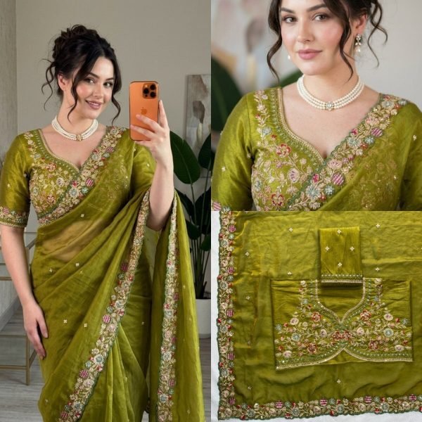 Stylish Mahendi Green Fendy Satin Silk Saree with Heavy Embroidered Blouse  Silk Sarees Wholesale