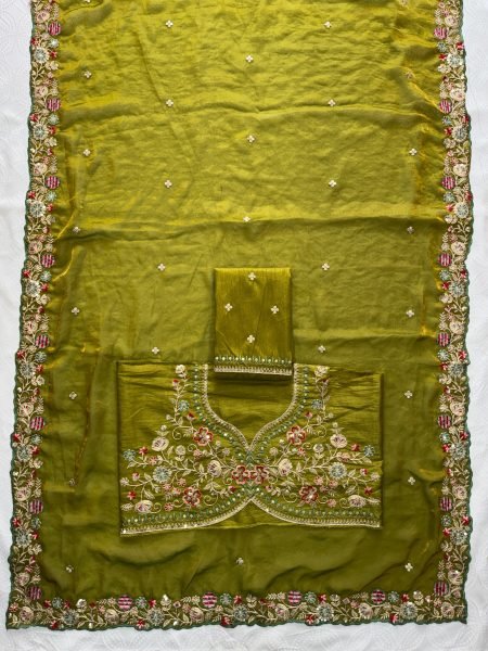 Stylish Mahendi Green Fendy Satin Silk Saree with Heavy Embroidered Blouse  Silk Sarees Wholesale