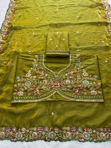 Stylish Mahendi Green Fendy Satin Silk Saree with Heavy Embroidered Blouse  Silk Sarees Wholesale