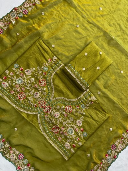 Stylish Mahendi Green Fendy Satin Silk Saree with Heavy Embroidered Blouse  Silk Sarees Wholesale