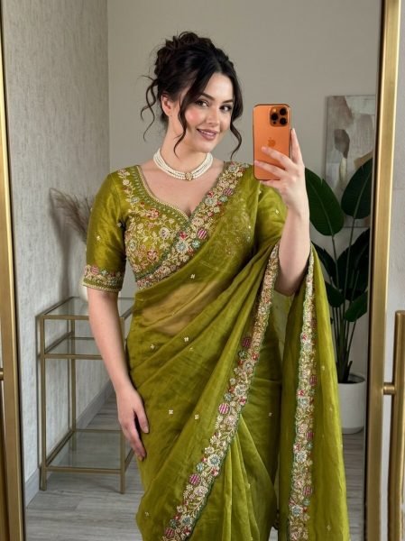 Stylish Mahendi Green Fendy Satin Silk Saree with Heavy Embroidered Blouse  Silk Sarees Wholesale