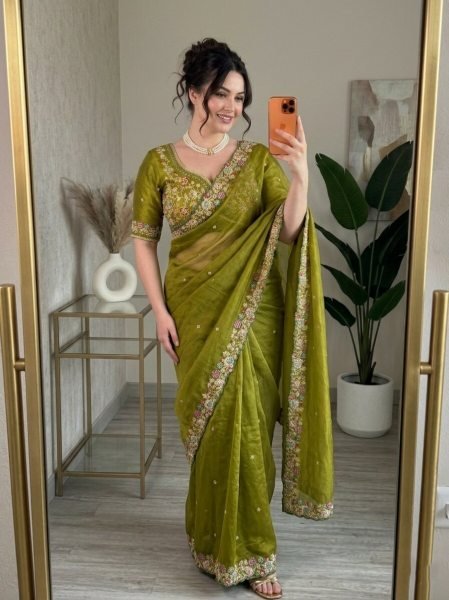 Stylish Mahendi Green Fendy Satin Silk Saree with Heavy Embroidered Blouse  Silk Sarees Wholesale