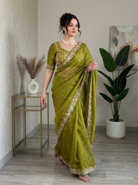 Stylish Mahendi Green Fendy Satin Silk Saree with Heavy Embroidered Blouse  Silk Sarees Wholesale