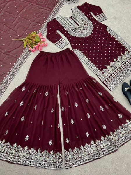 Stylish Maroon Color Sharara Suit With Shining Work Ready To Wear Collection