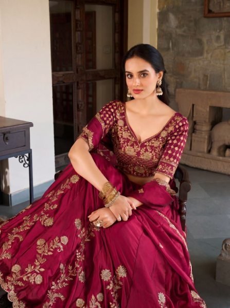 Stylish Maroon Rangoli Silk Lehenga Set with Heavy Embroidery at Wholesale Rate Designer Lehenga Choli