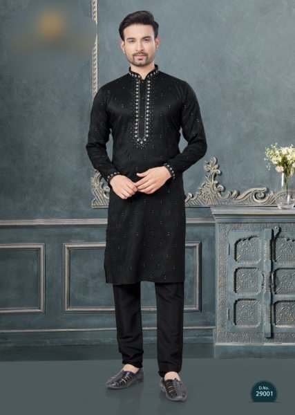 Stylish Mens Silk Kurta Pajama in Black with Embroidery At Wholesale Rate Kurta Pajama Wholesale