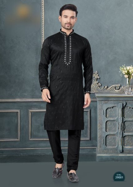 Stylish Mens Silk Kurta Pajama in Black with Embroidery At Wholesale Rate Kurta Pajama Wholesale