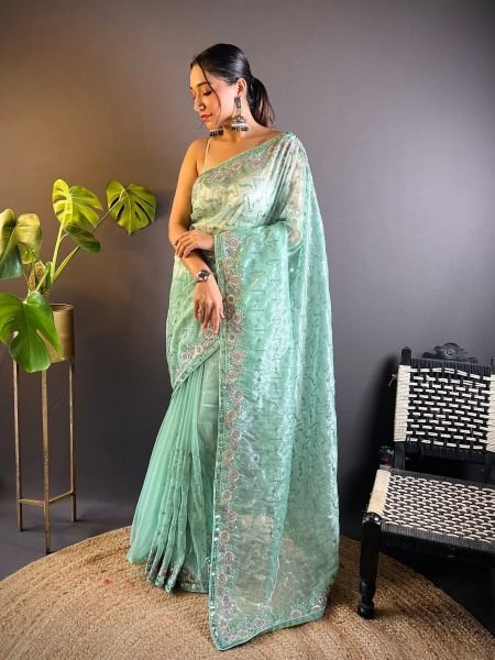Stylish Mit Green Embroidered Twill Net Saree Collection with Unstitched Blouse at Wholesale Rate Sarees 