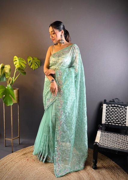 Stylish Mit Green Embroidered Twill Net Saree Collection with Unstitched Blouse at Wholesale Rate Net Sarees Wholesale