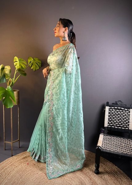 Stylish Mit Green Embroidered Twill Net Saree Collection with Unstitched Blouse at Wholesale Rate Net Sarees Wholesale
