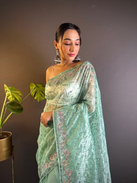 Stylish Mit Green Embroidered Twill Net Saree Collection with Unstitched Blouse at Wholesale Rate Net Sarees Wholesale