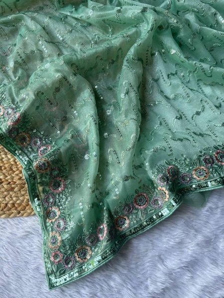 Stylish Mit Green Embroidered Twill Net Saree Collection with Unstitched Blouse at Wholesale Rate Net Sarees Wholesale