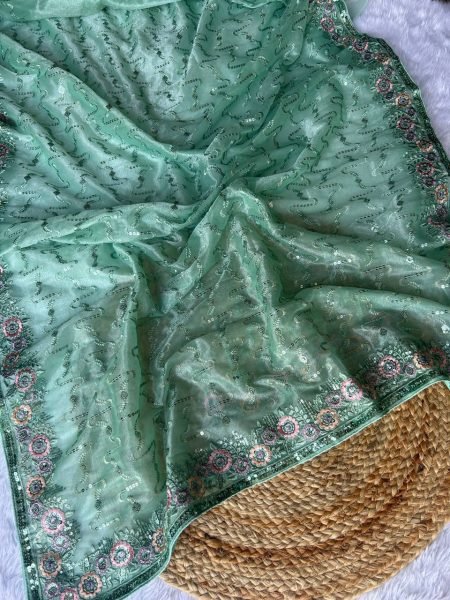 Stylish Mit Green Embroidered Twill Net Saree Collection with Unstitched Blouse at Wholesale Rate Net Sarees Wholesale