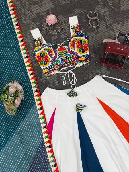 Stylish Multicolor Readymade Navratri Outfit With Gamthi Thread Embroidery Work Navratri Lehnega Choli