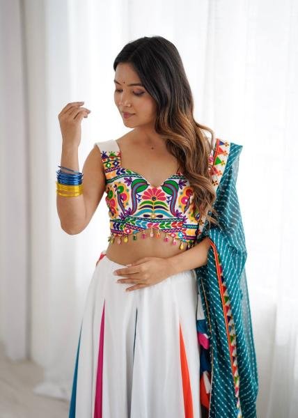 Stylish Multicolor Readymade Navratri Outfit With Gamthi Thread Embroidery Work Navratri Lehnega Choli