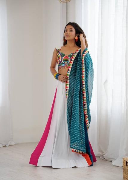 Stylish Multicolor Readymade Navratri Outfit With Gamthi Thread Embroidery Work Navratri Lehnega Choli