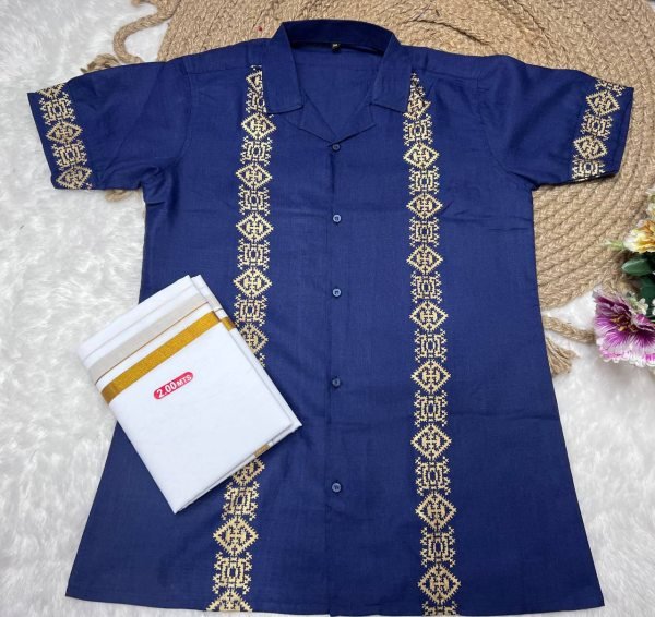 Stylish Navy Blue Cotton Foil Print Shirt with Matching Dhoti Function Wear for Men   Mens Shirt